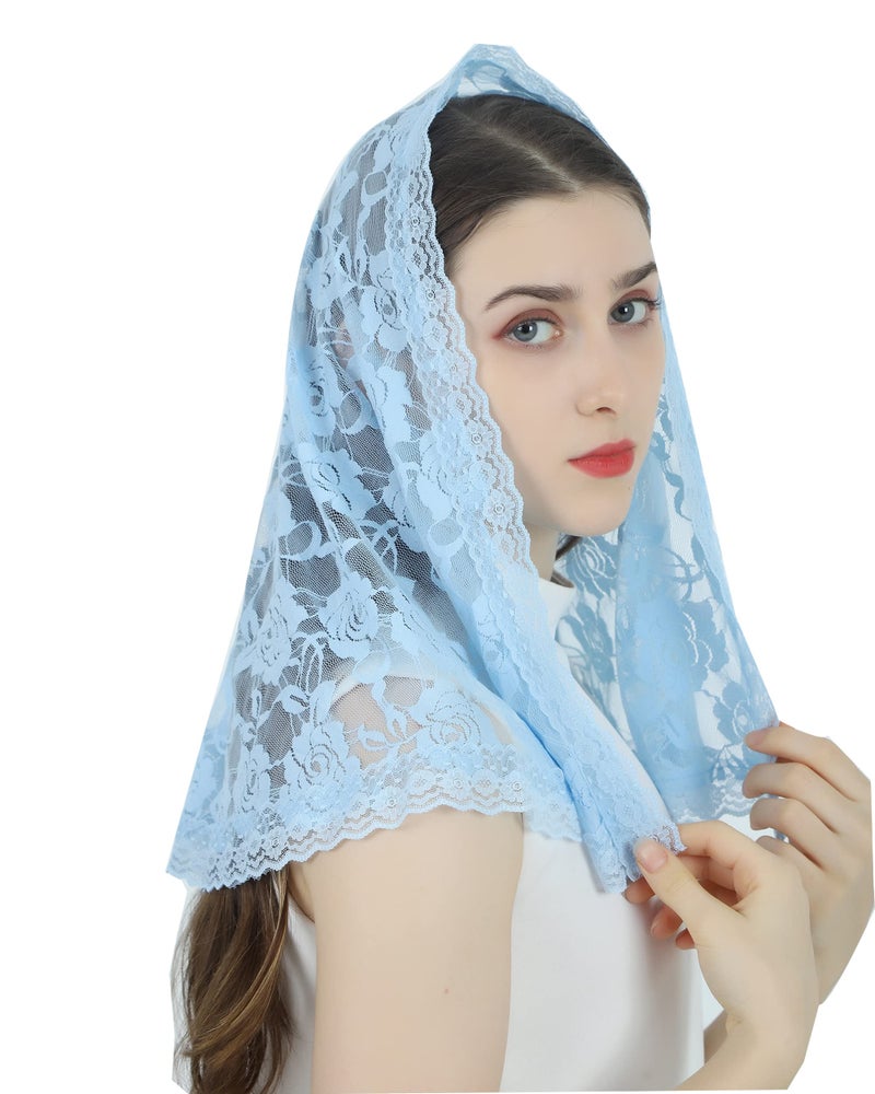 Grettytling Lace Mantilla Veil Soft and comfortable 7 Colors Spanish Style Rose Lace Veil Head Covering D Shape (Blue) - Image 1
